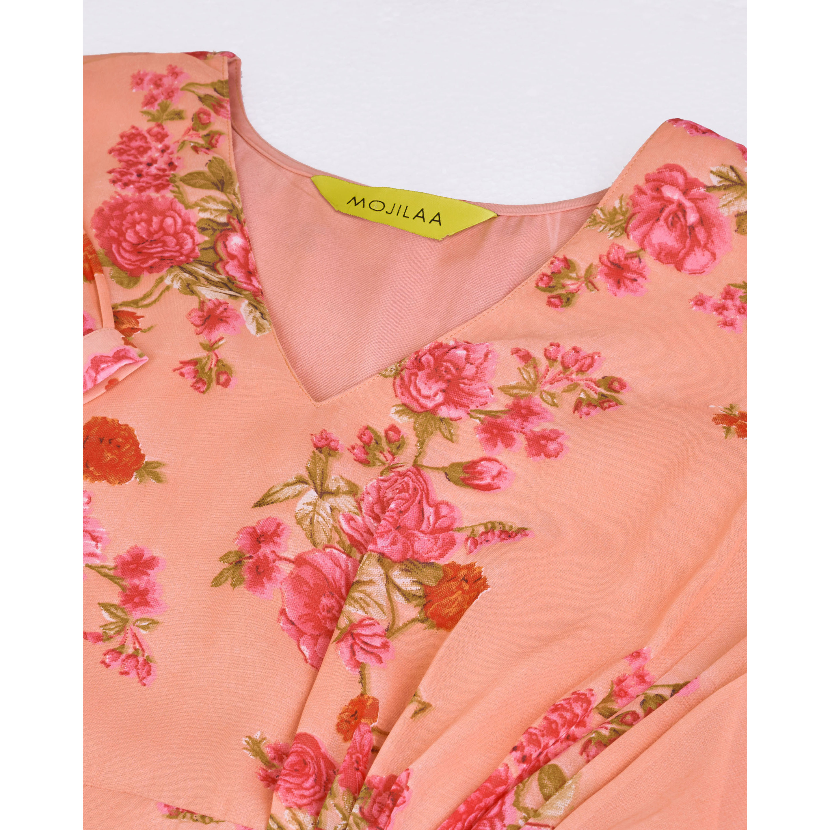 MOJILAA Women's Orange Georgette Draped Floral Printed Flared Dress (Size S, Color Orange)