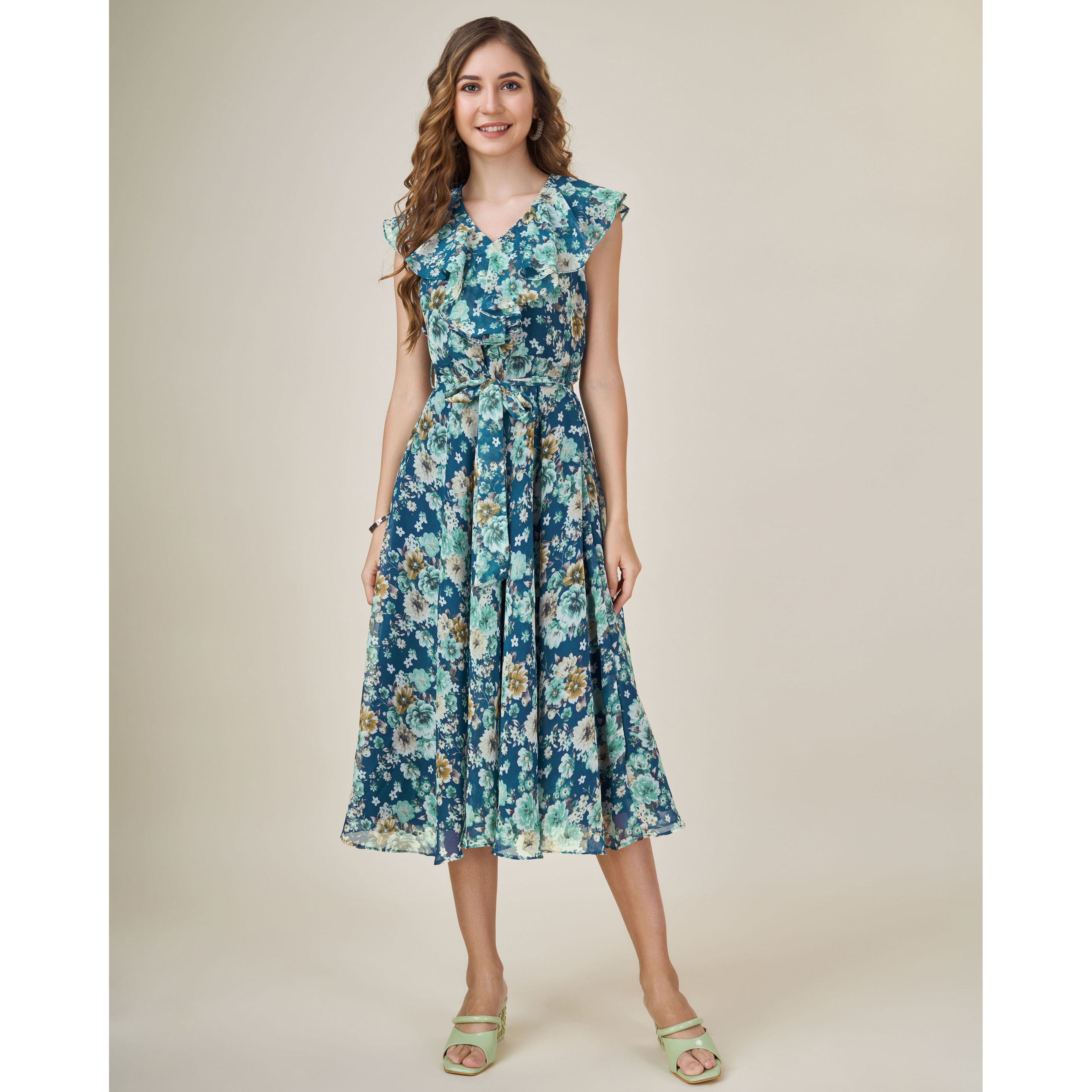 MOJILAA Women's Teal Georgette Floral Printed Flared Dress With Belt