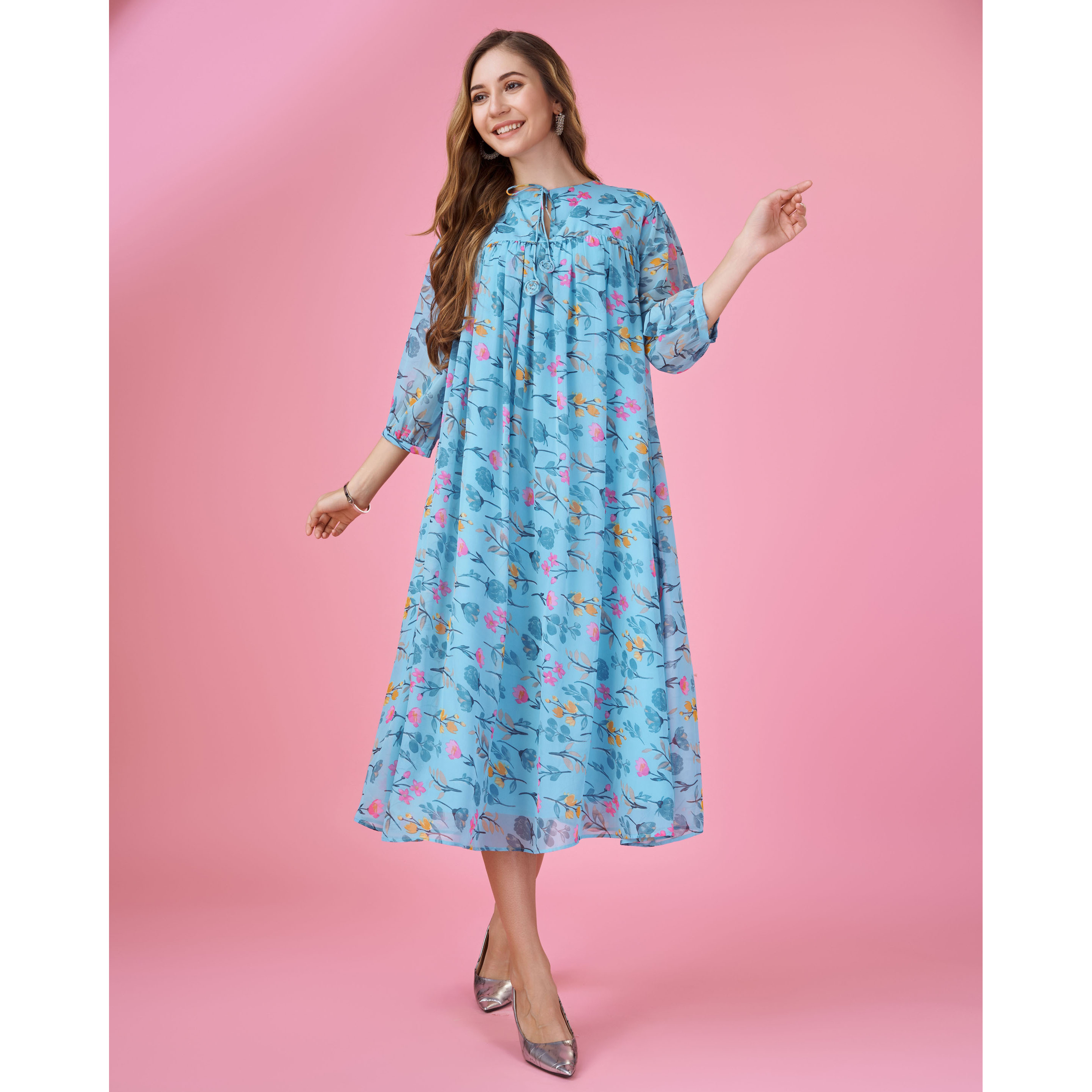 MOJILAA Women's Blue Georgette Floral Printed Gathered Dress With Ruffles