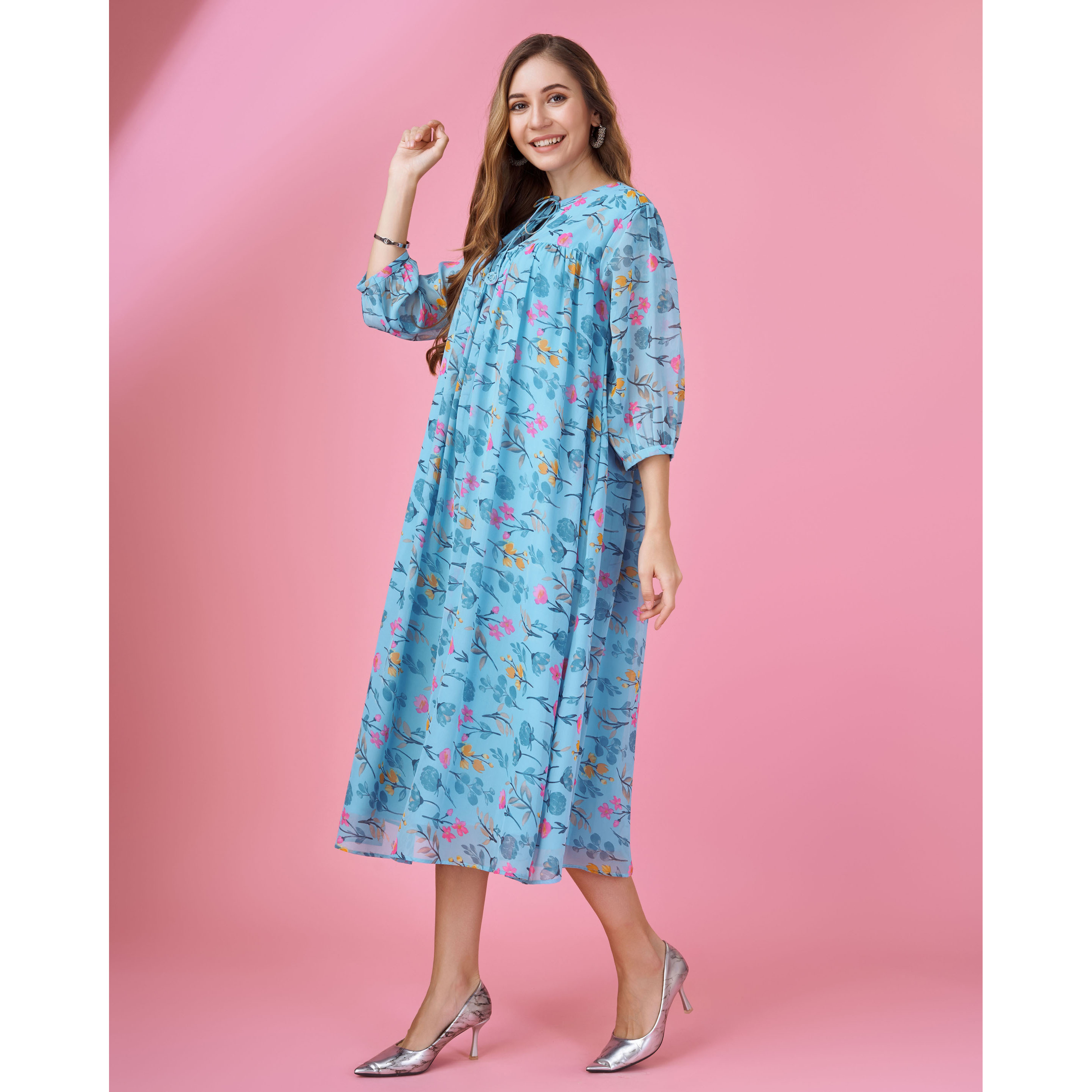 MOJILAA Women's Blue Georgette Floral Printed Gathered Dress With Ruffles (Size S, Color Blue)