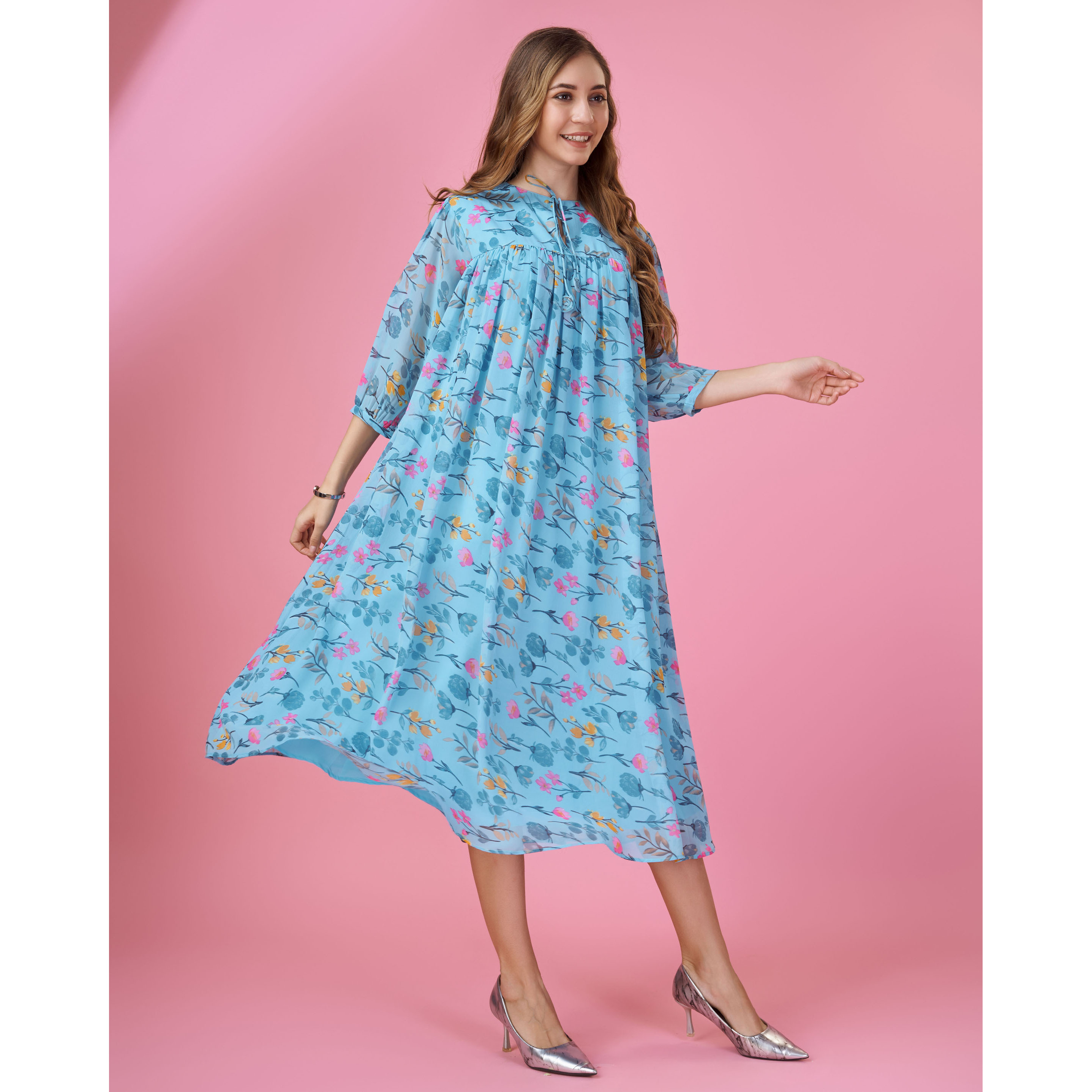 MOJILAA Women's Blue Georgette Floral Printed Gathered Dress With Ruffles (Size S, Color Blue)