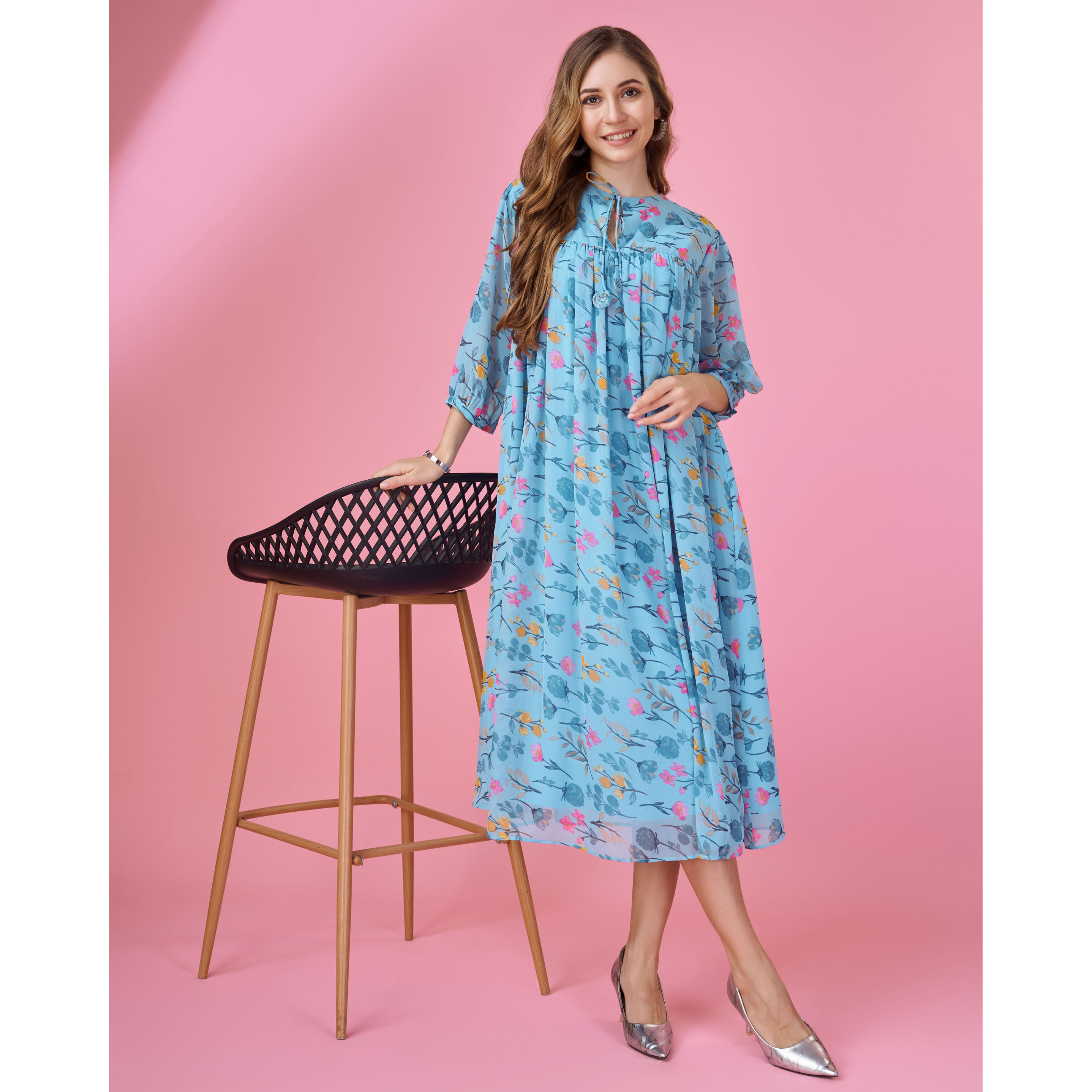 MOJILAA Women's Blue Georgette Floral Printed Gathered Dress With Ruffles (Size S, Color Blue)