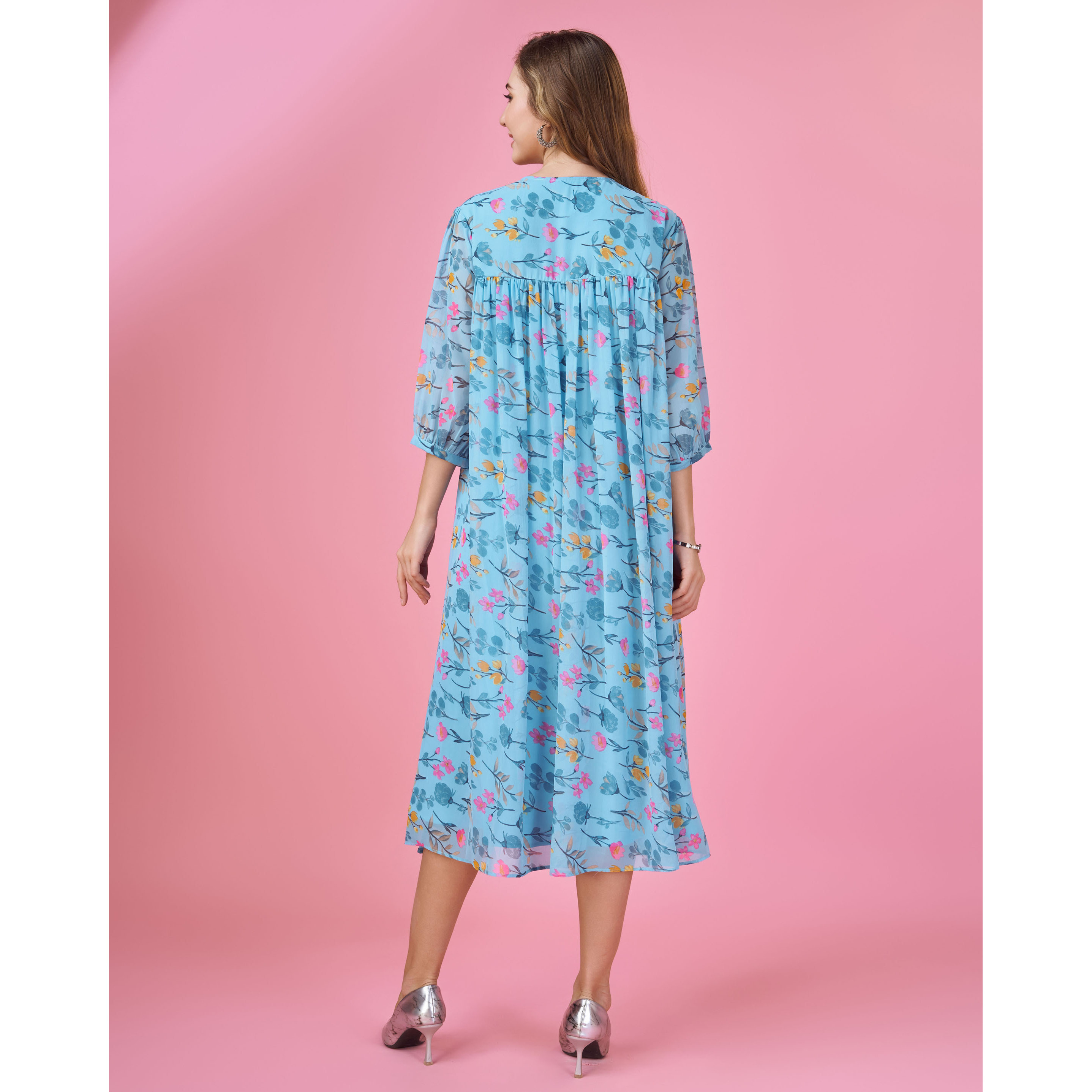 MOJILAA Women's Blue Georgette Floral Printed Gathered Dress With Ruffles (Size S, Color Blue)