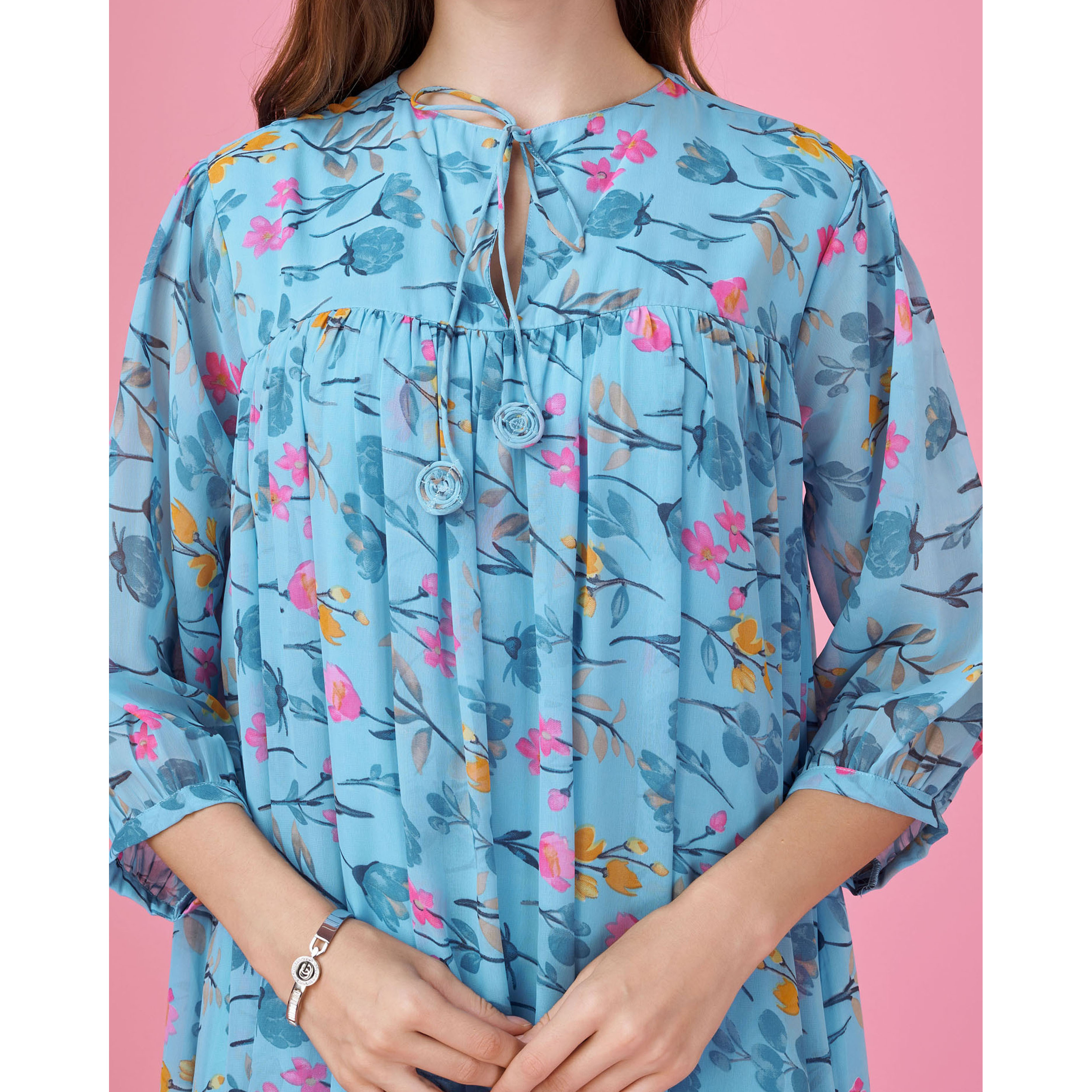 MOJILAA Women's Blue Georgette Floral Printed Gathered Dress With Ruffles (Size S, Color Blue)