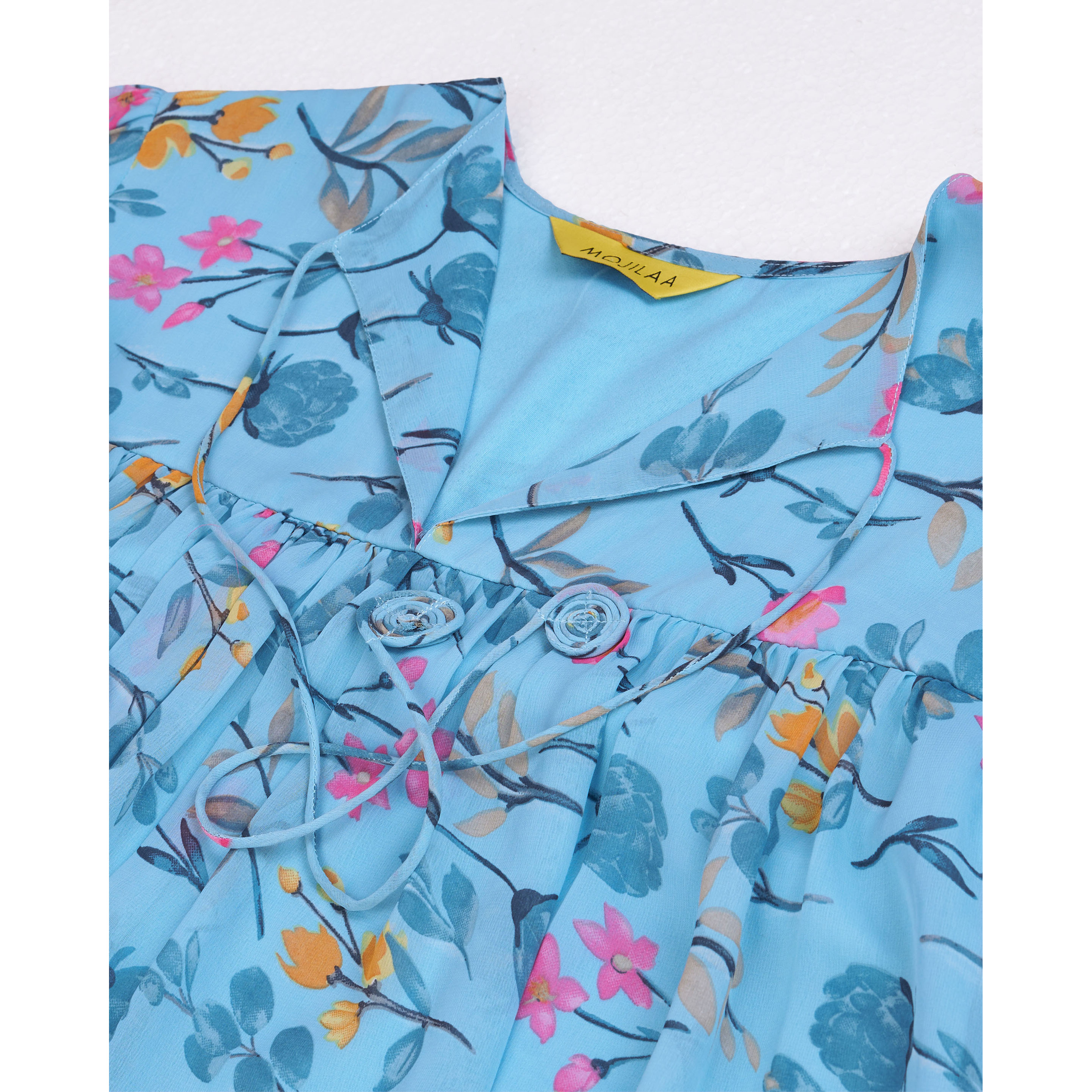 MOJILAA Women's Blue Georgette Floral Printed Gathered Dress With Ruffles (Size S, Color Blue)