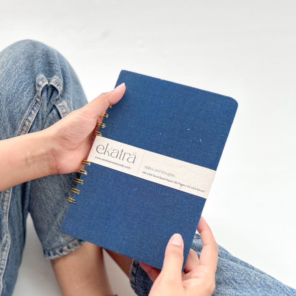 Handcrafted Sustainable A5 Wire Bound ruled 100SM paper Journal by Ekatra - Solid Blue