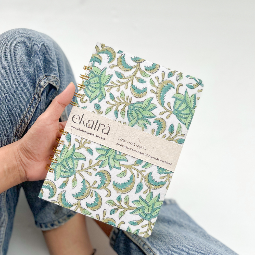 Handcrafted Sustainable A5 Wire Bound ruled 100SM paper Journal by Ekatra -reen Floral