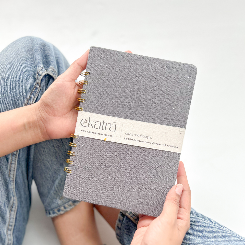 Handcrafted Sustainable A5 Wire Bound ruled 100SM paper Journal by Ekatra -Grey