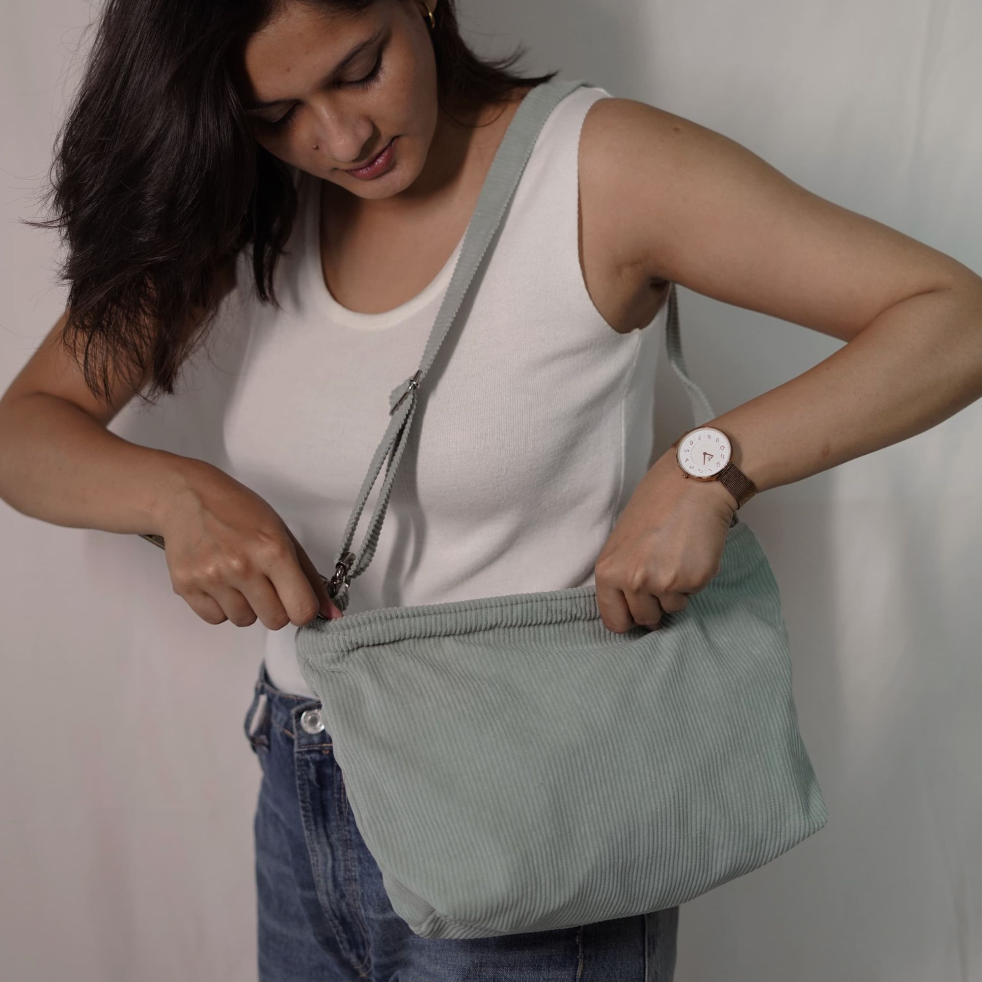 Minimalist Corduroy Sling Bag -Sage