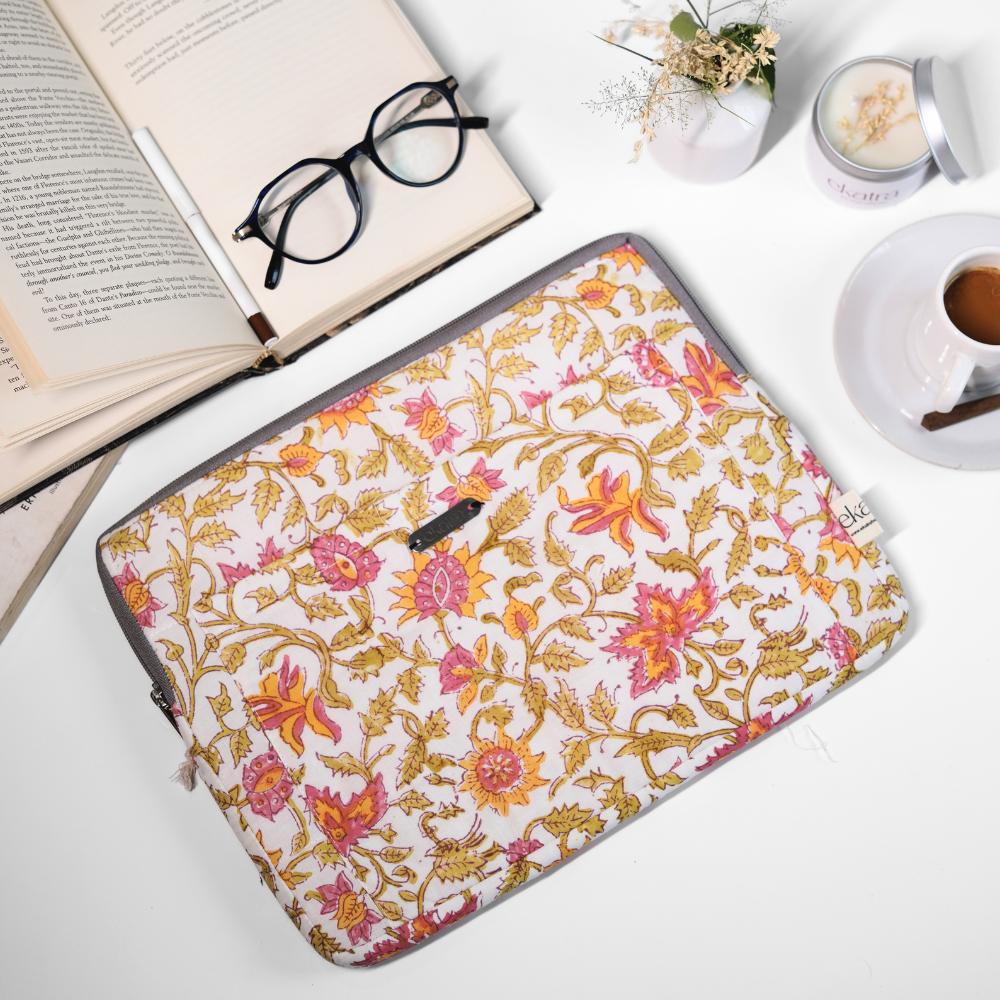 Cotton Laptop Sleeve/Cover - Pink Floral - 13 inches