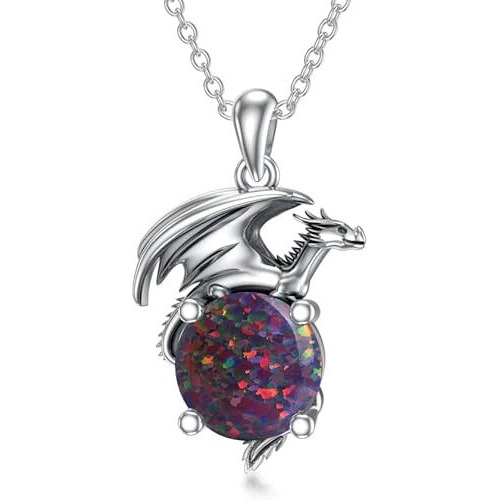 Natural Black Opal Dragon Necklace for Women/Men Sterling Silver Necklace with Birthstone Gift for Women/Men