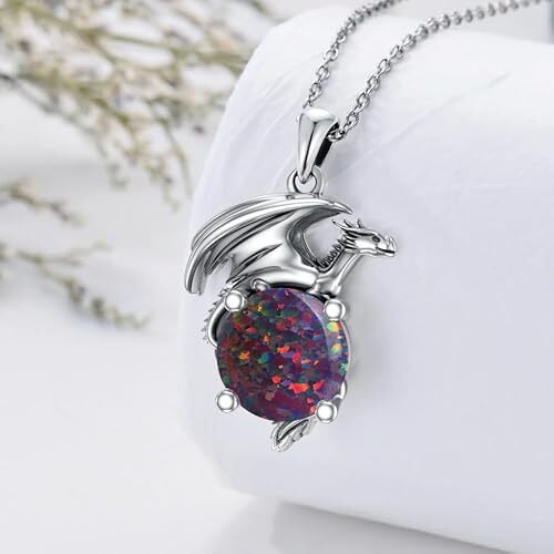 Natural Black Opal Dragon Necklace for Women/Men Sterling Silver Necklace with Birthstone Gift for Women/Men