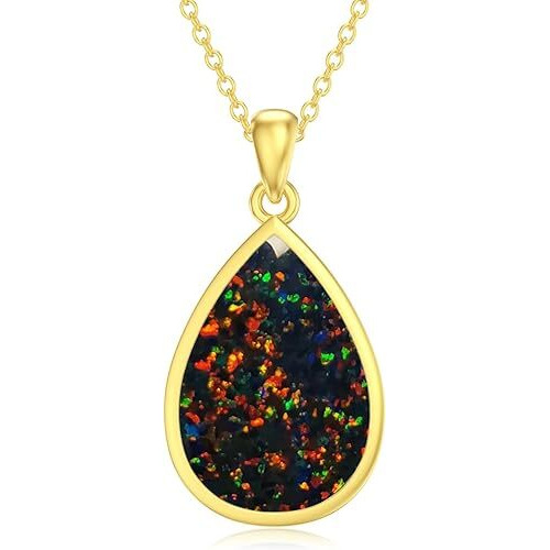 Black Opal Teardop Pendant Necklace, Sterling Silver Dainty October Birthstone Vintage Jewelry Gift for Women