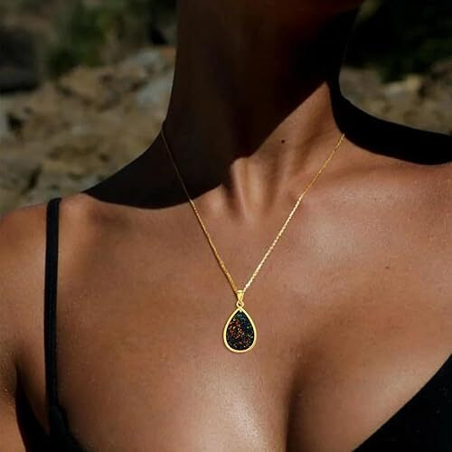 Black Opal Teardop Pendant Necklace, Sterling Silver Dainty October Birthstone Vintage Jewelry Gift for Women