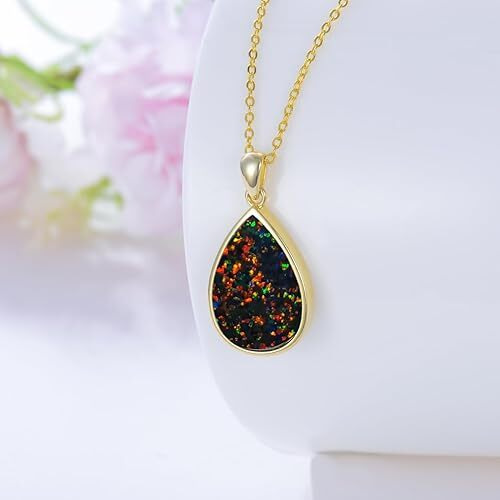 Black Opal Teardop Pendant Necklace, Sterling Silver Dainty October Birthstone Vintage Jewelry Gift for Women