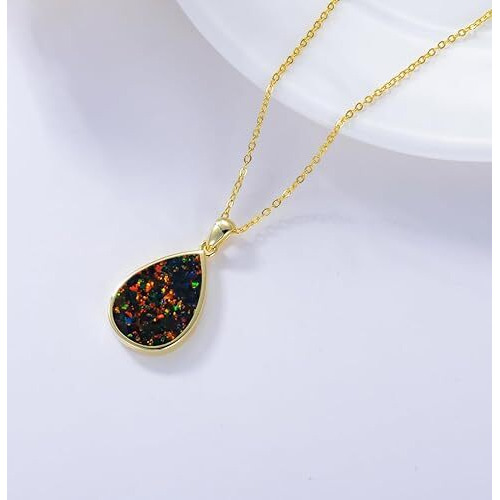 Black Opal Teardop Pendant Necklace, Sterling Silver Dainty October Birthstone Vintage Jewelry Gift for Women