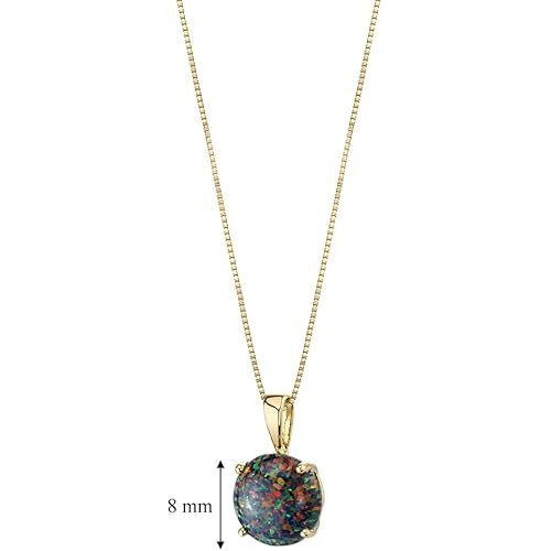14K Yellow Gold  Black Opal Pendant for Women, Classic Solitaire, Round Shape, 8mm, 1 Carat, October Birthstone Necklace, Fire Opal Necklace, Gifts for Birthday, Anniversary, Wedding