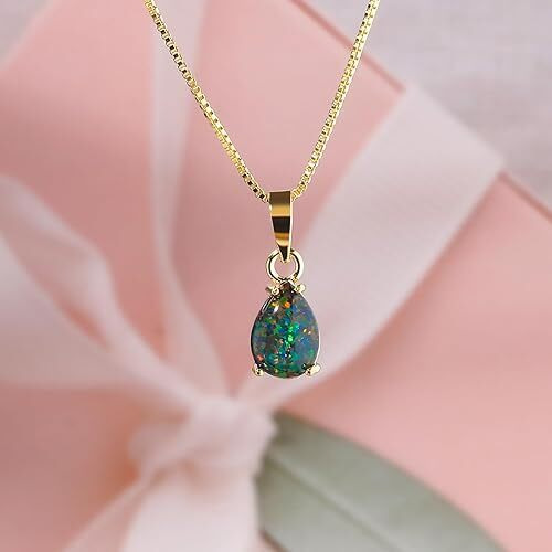 Opal Pendant Necklace for Women Multi-colored Teardrop Birthstone Necklaces 14K Rose Gold Plated Dainty Simple Gold Chian Necklace, Birthday Anniversary Wedding Gifts 7x10mm
