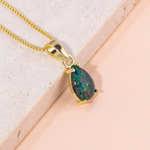 Opal Pendant Necklace for Women Multi-colored Teardrop Birthstone Necklaces 14K Rose Gold Plated Dainty Simple Gold Chian Necklace, Birthday Anniversary Wedding Gifts 7x10mm
