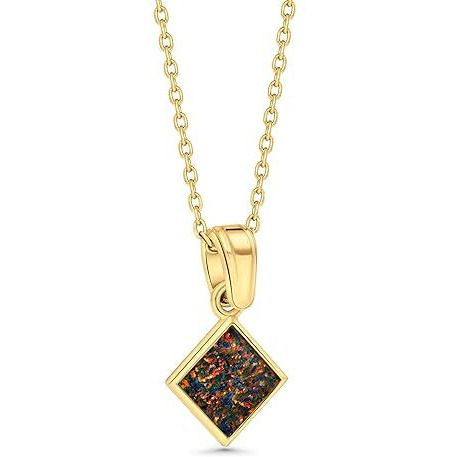 14k Gold Plated Black Opal Necklace - 6x6mm Square Black Opal Pendant - 14K Gold Plated 45cm Cable Chain - October Birthstone - Opal Jewelry for Women - For Classy Gift and Everyday Wear