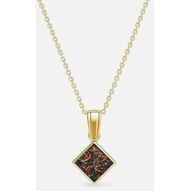 14k Gold Plated Black Opal Necklace - 6x6mm Square Black Opal Pendant - 14K Gold Plated 45cm Cable Chain - October Birthstone - Opal Jewelry for Women - For Classy Gift and Everyday Wear