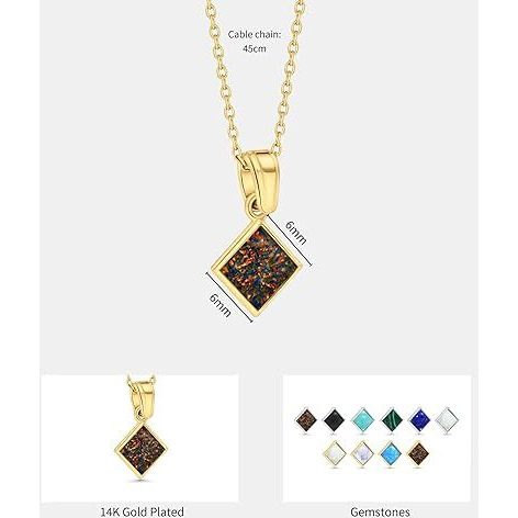 14k Gold Plated Black Opal Necklace - 6x6mm Square Black Opal Pendant - 14K Gold Plated 45cm Cable Chain - October Birthstone - Opal Jewelry for Women - For Classy Gift and Everyday Wear