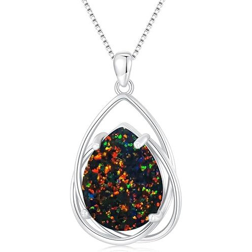 Teardrop Black Opal Gemstone Pendant Necklace, 925 Sterling Silver October Birthstone Necklace Vintage Western Jewelry Gift for Women