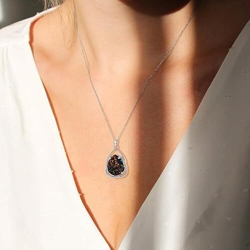 Teardrop Black Opal Gemstone Pendant Necklace, 925 Sterling Silver October Birthstone Necklace Vintage Western Jewelry Gift for Women