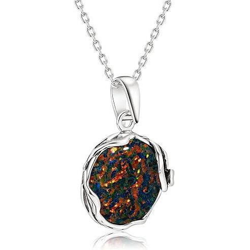 Black Opal Necklaces for Women Silver - October Birthstone Necklace - Gothic Necklace Silver Jewelry for Women - Opal Jewelry Silver Necklaces for Women - Everyday Necklaces for Women