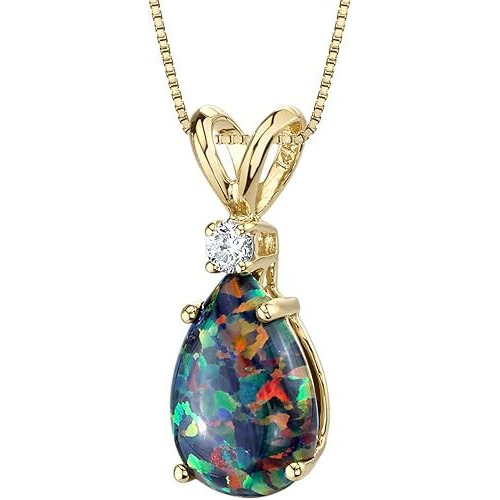 14K Yellow Gold  Black Opal with Genuine Diamond Pendant, Elegant Teardrop Solitaire, Pear Shape, 10x7mm, 1 Carat total, October Birthstone Necklace, Fire Opal Necklace