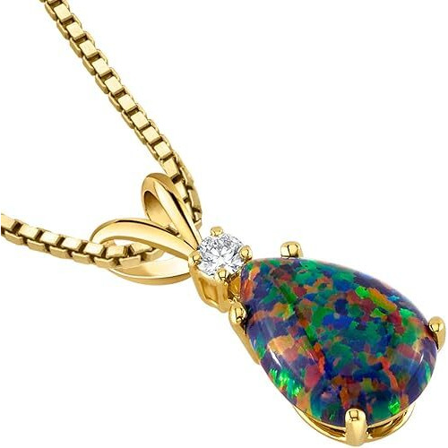 14K Yellow Gold  Black Opal with Genuine Diamond Pendant, Elegant Teardrop Solitaire, Pear Shape, 10x7mm, 1 Carat total, October Birthstone Necklace, Fire Opal Necklace