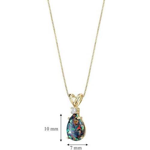 14K Yellow Gold  Black Opal with Genuine Diamond Pendant, Elegant Teardrop Solitaire, Pear Shape, 10x7mm, 1 Carat total, October Birthstone Necklace, Fire Opal Necklace