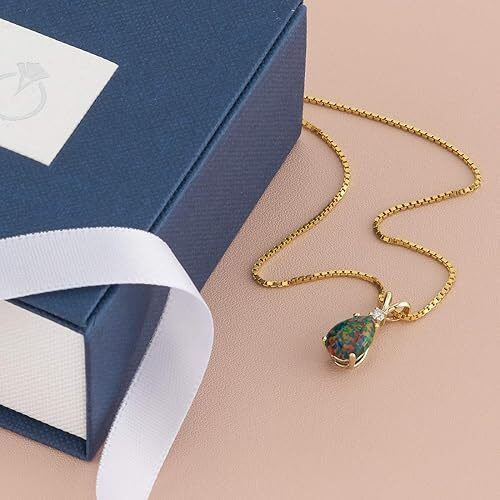 14K Yellow Gold  Black Opal with Genuine Diamond Pendant, Elegant Teardrop Solitaire, Pear Shape, 10x7mm, 1 Carat total, October Birthstone Necklace, Fire Opal Necklace