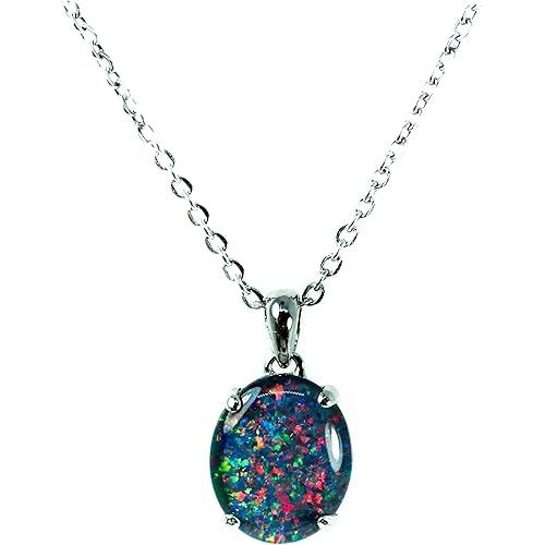 Australian Triplet Opal - Fire Opal - Genuine Australian Triplets Opal Necklace Pendant in Sterling Silver White Gold Plated Women's Jewelry