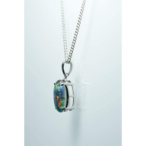 Australian Triplet Opal - Fire Opal - Genuine Australian Triplets Opal Necklace Pendant in Sterling Silver White Gold Plated Women's Jewelry