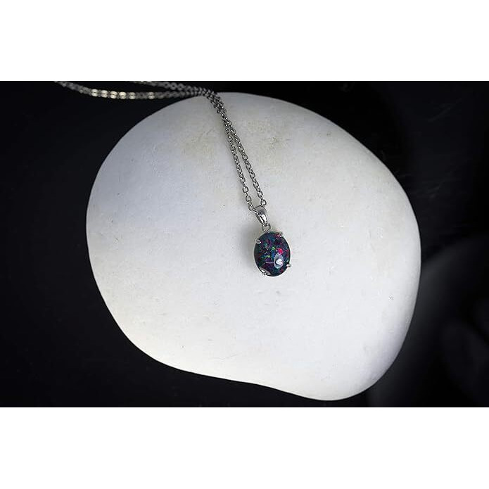 Australian Triplet Opal - Fire Opal - Genuine Australian Triplets Opal Necklace Pendant in Sterling Silver White Gold Plated Women's Jewelry