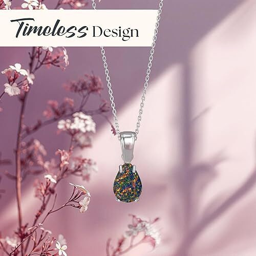925 Sterling Silver Black Opal Necklace  October Birthstone Jewelry for Women  Minimalist Silver Chain with Black Opal Teardrop Pendant  Elegant Gift for Women