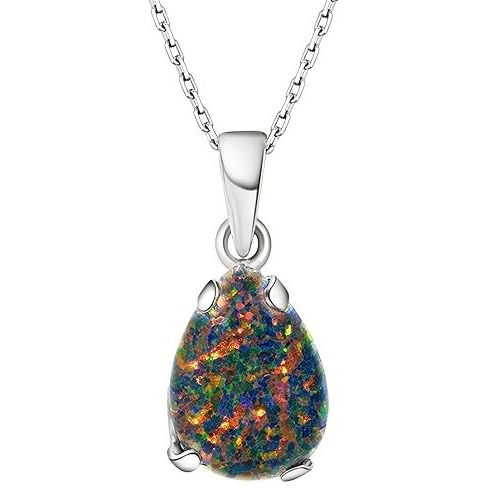 925 Sterling Silver Black Opal Necklace  October Birthstone Jewelry for Women  Minimalist Silver Chain with Black Opal Teardrop Pendant  Elegant Gift for Women