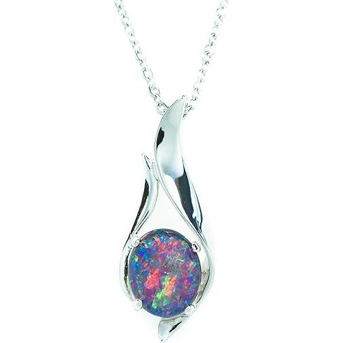 Australian Black Opal Triplet OR Solid Australian White Opal - Fire Opal - 11x8 mm Genuine Australian Opal Necklace Pendant in Sterling Silver Gold Plated Women's Jewelry