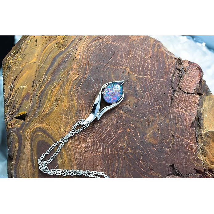 Australian Black Opal Triplet OR Solid Australian White Opal - Fire Opal - 11x8 mm Genuine Australian Opal Necklace Pendant in Sterling Silver Gold Plated Women's Jewelry