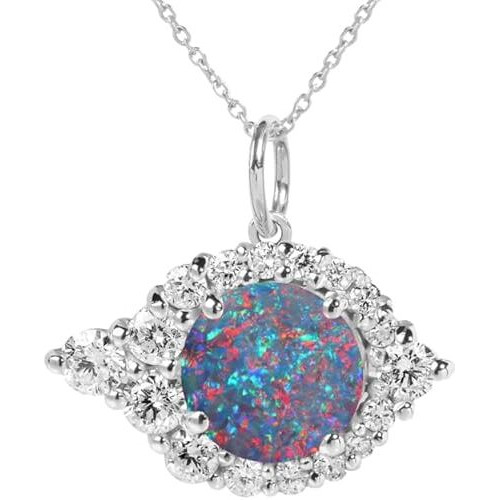 Opal Necklace for Women Round Cut Opal Jewelry 925 Sterling Silver  Gemstone Pendant Necklaces Anniversary Birthday