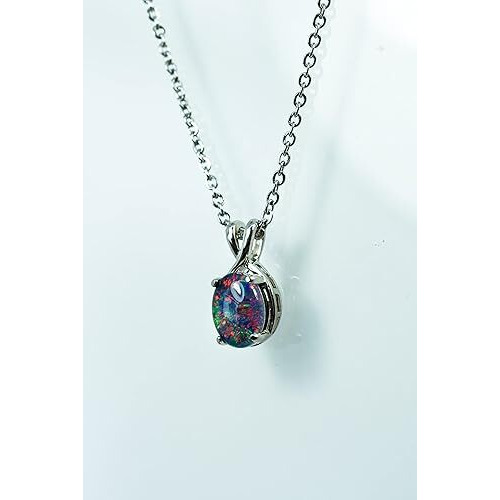 Australian Opal Jewelry - Dainty Australian Triplets Opal Necklace Pendant in Sterling Silver White Gold Plated Women's Jewelry