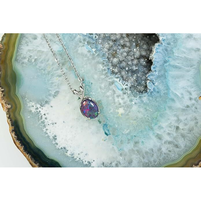 Australian Opal Jewelry - Dainty Australian Triplets Opal Necklace Pendant in Sterling Silver White Gold Plated Women's Jewelry