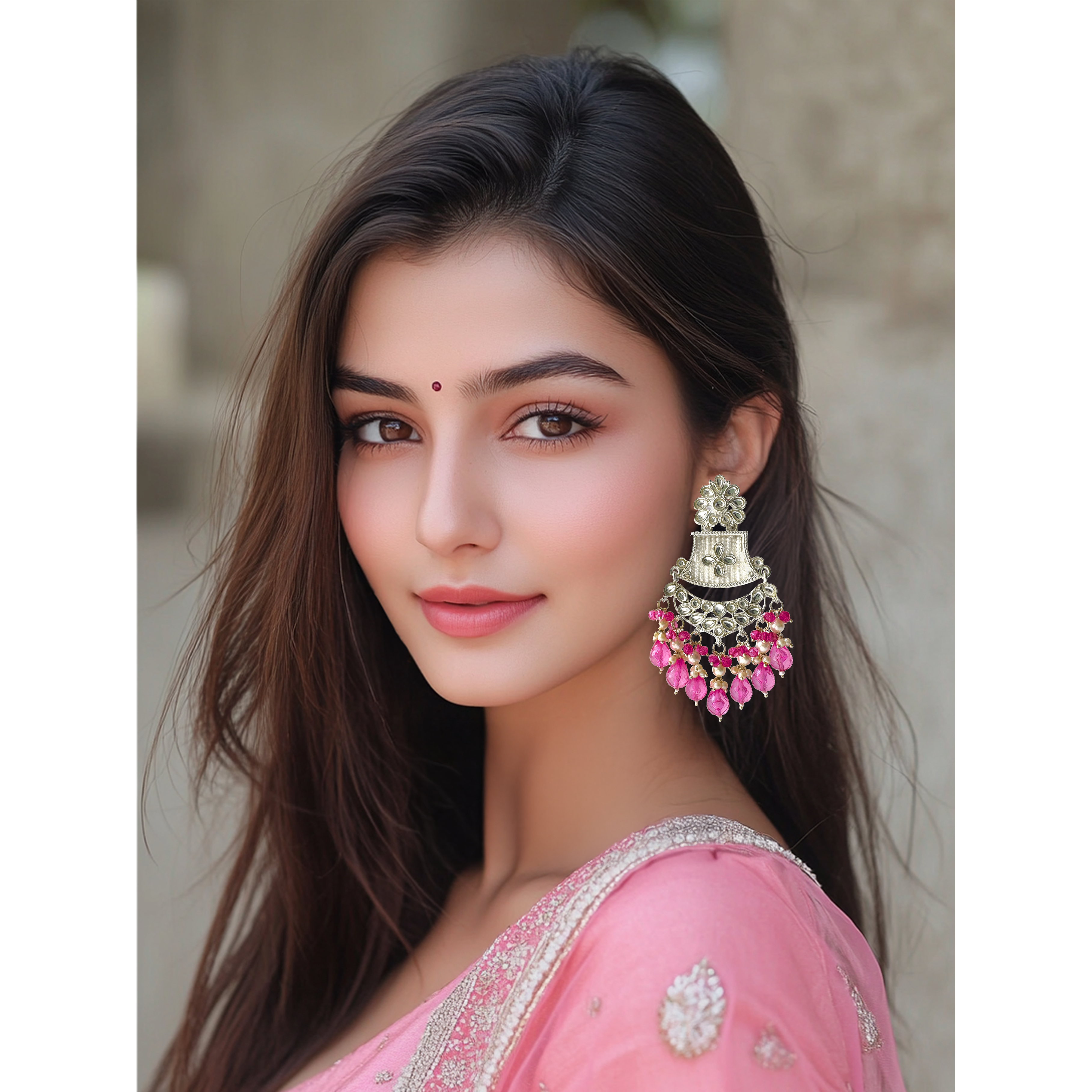 Long Flower Jhumka (Color Rani Pink)