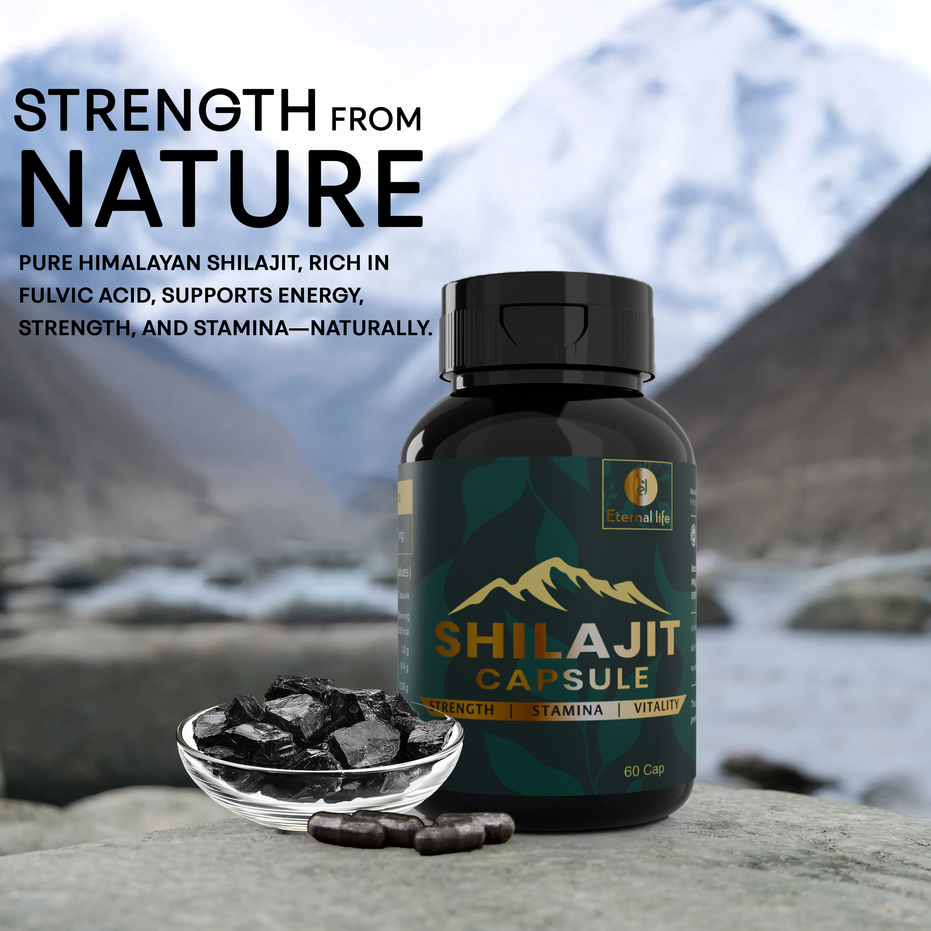 Eternal Life Shilajit Capsules | Original Himalayan Shilajeet for Energy, Strength, Endurance, Stamina, Wellness Support | Natural Herbal Supplement for Vitality | 60 Easy-to-Use Vegetarian Capsules
