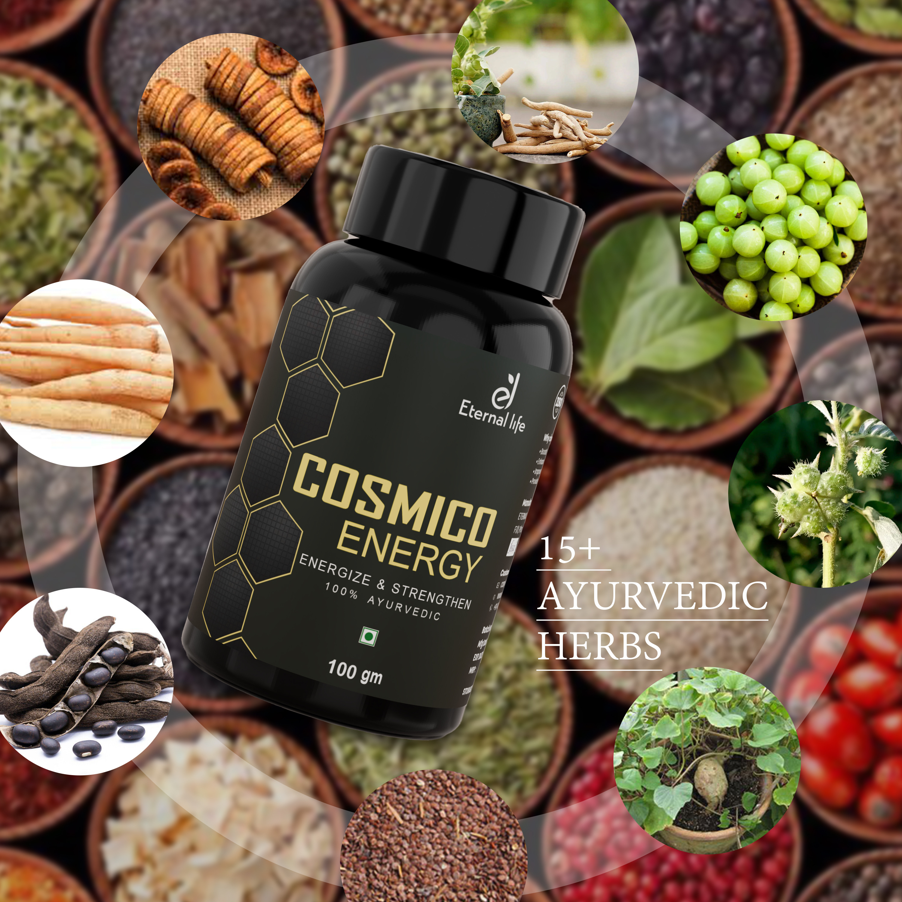 Eternal Life Cosmico Energy Testosterone Booster for Men | Natural Strength & Stamina Support with Safed Musli, Gokshura, & Ashwagandha | Herbal Wellness Supplement | (Pack of 1, 100 gm)