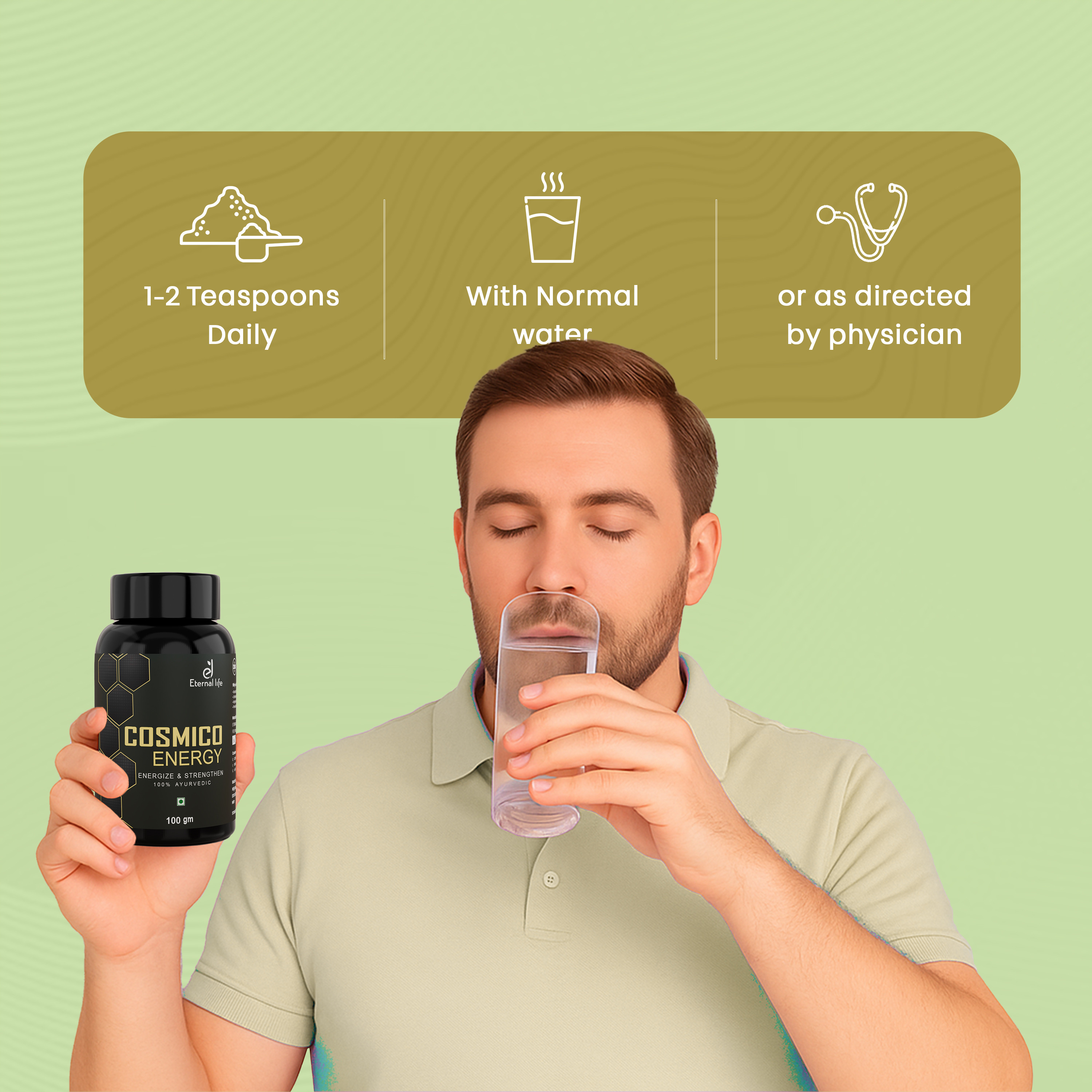Eternal Life Cosmico Energy Testosterone Booster for Men | Natural Strength & Stamina Support with Safed Musli, Gokshura, & Ashwagandha | Herbal Wellness Supplement | (Pack of 1, 100 gm)