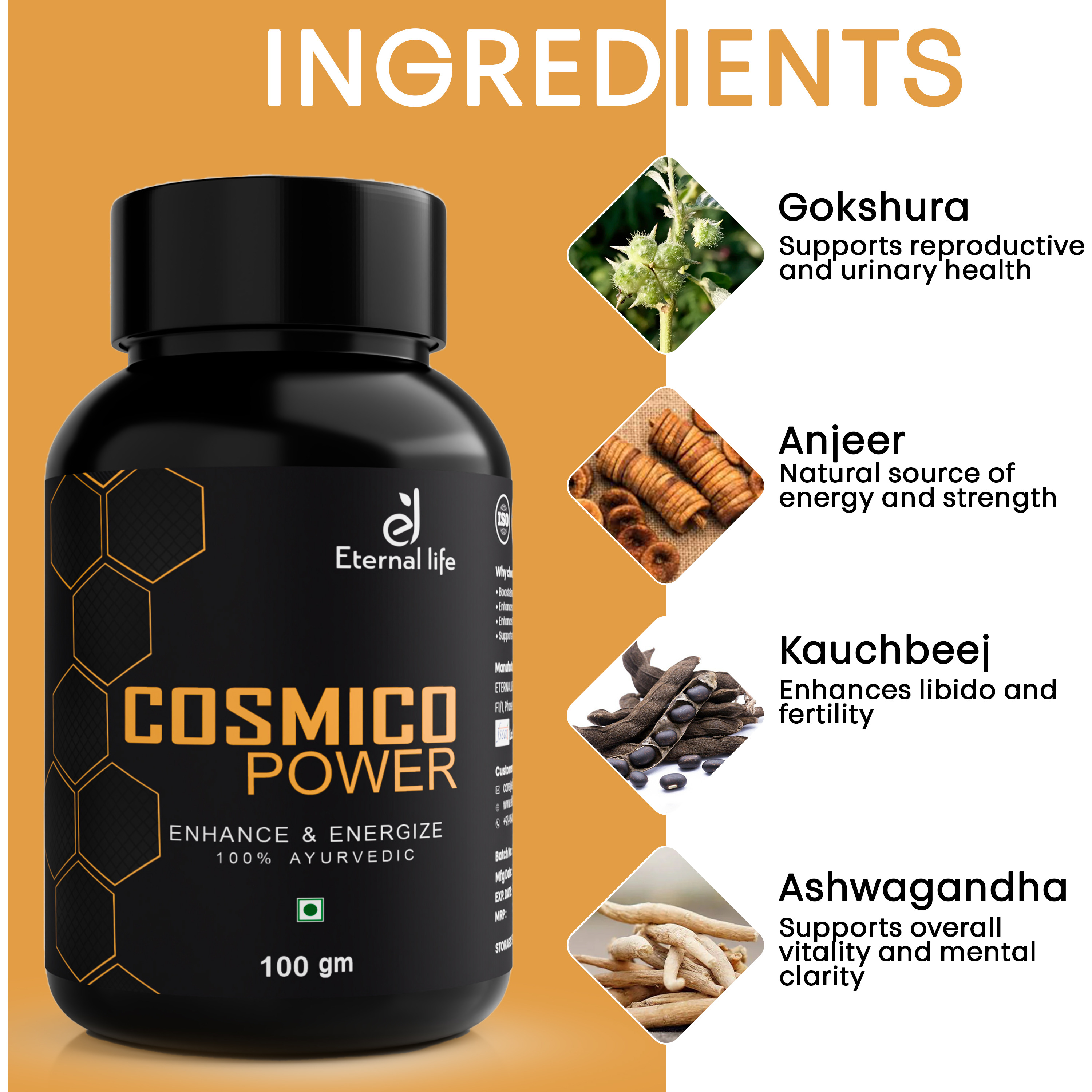 Eternal Life Cosmico Power Energy Supplement for Men | Multivitamins, Natural Extracts & Vital Nutrients | Supports Muscle Growth, Stamina, Metabolism & Overall Wellness | Pack of 1, 100gm