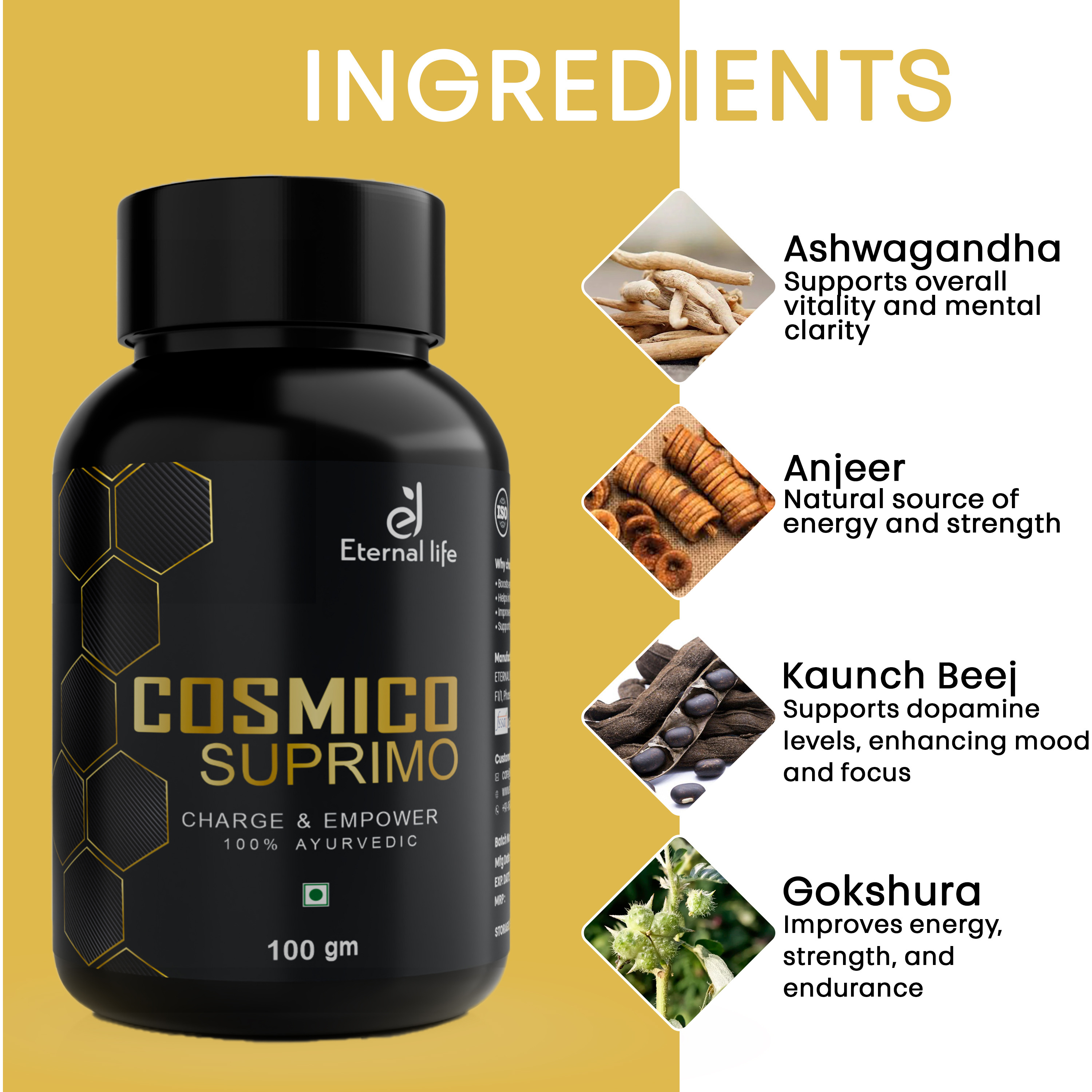 Eternal Life Cosmico Suprimo | Natural Testosterone Booster Supplement For Men | Strength, Stamina, Energy & Muscle Support | Safed Musali, Gokshura, Ashwagandha