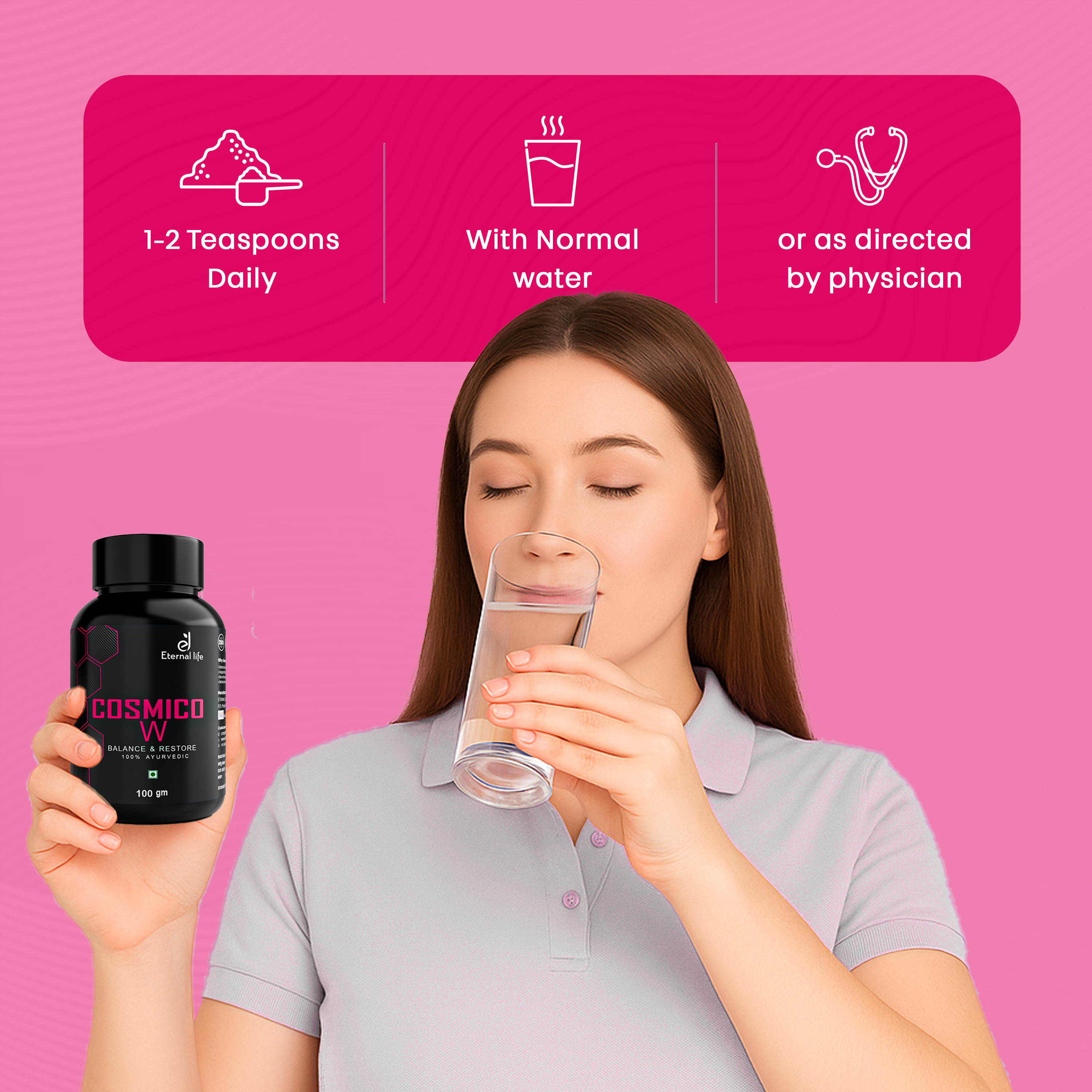 Eternal Life Cosmico W | Herbal Ayurvedic Energy Supplement for Women | 100 gm | Supports Healthy Hormone Levels, Reduces Stress, Boosts Libido & Energy | Enhances Focus, Endurance & Metabolism